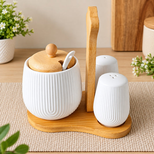 Premium 4-Piece Ceramic Seasoning & Condiment Set with Bamboo Stand – Salt & Pepper Shakers, Sugar Pot with Spoon & Wooden Lid for Dining Table