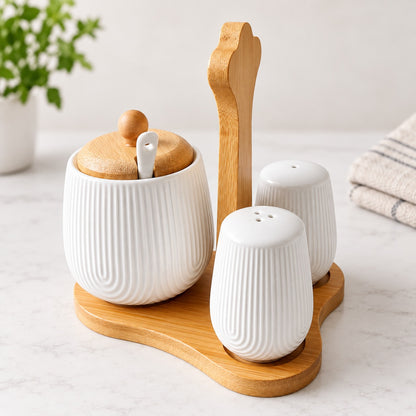 Premium 4-Piece Ceramic Seasoning & Condiment Set with Bamboo Stand – Salt & Pepper Shakers, Sugar Pot with Spoon & Wooden Lid for Dining Table