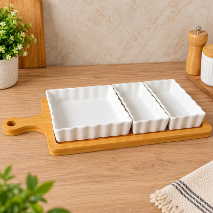 Premium 4-Piece White Ceramic Serving Bowl Set with Bamboo Wooden Tray – Elegant 3-Section Snack, Dry Fruit & Appetizer Serving Platter
