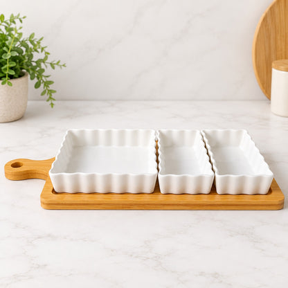 Premium 4-Piece White Ceramic Serving Bowl Set with Bamboo Wooden Tray – Elegant 3-Section Snack, Dry Fruit & Appetizer Serving Platter