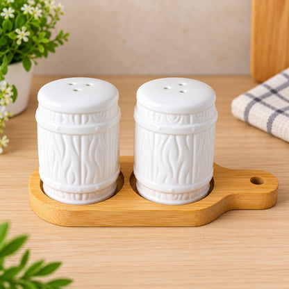 CP - White Salt & Pepper Shaker Set with Bamboo Wooden Tray – 2 Pcs