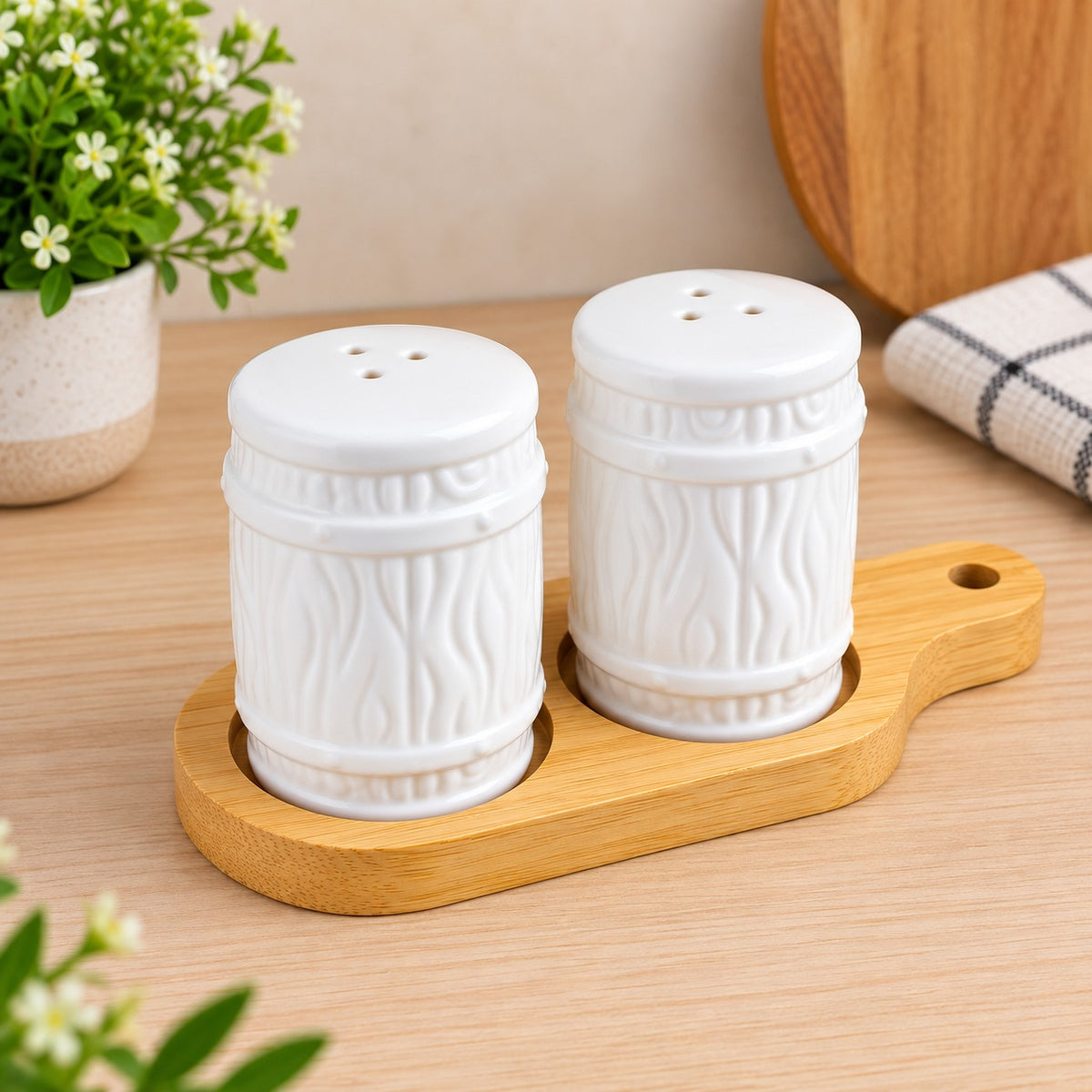CP - White Salt & Pepper Shaker Set with Bamboo Wooden Tray – 2 Pcs