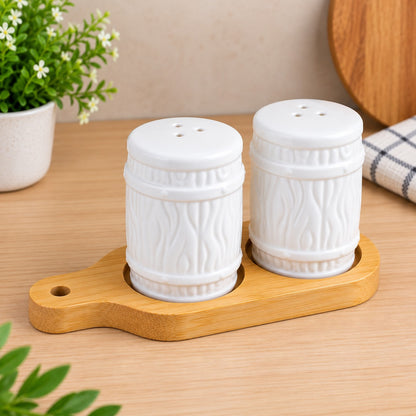 CP - White Salt & Pepper Shaker Set with Bamboo Wooden Tray – 2 Pcs