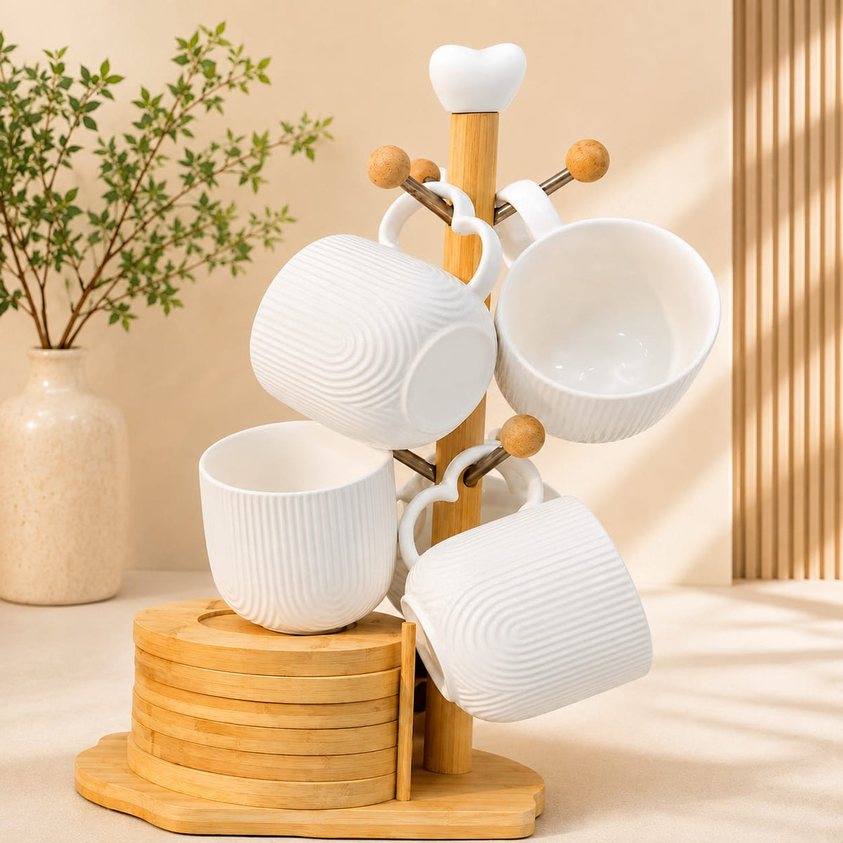 CP - White  Tea & Coffee Cup Set with Bamboo Coasters and Wooden Stand – 6 Cups Set