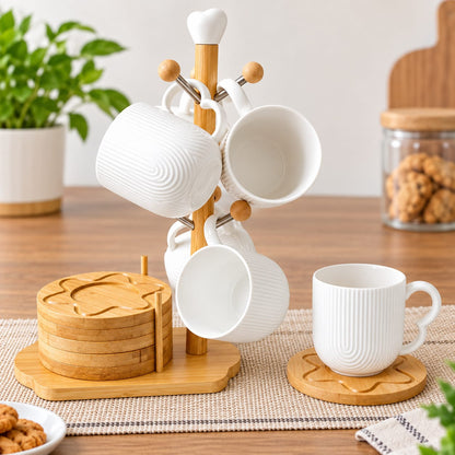CP - White  Tea & Coffee Cup Set with Bamboo Coasters and Wooden Stand – 6 Cups Set