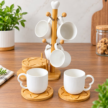 CP - White  Tea & Coffee Cup Set with Bamboo Coasters and Wooden Stand – 6 Cups Set