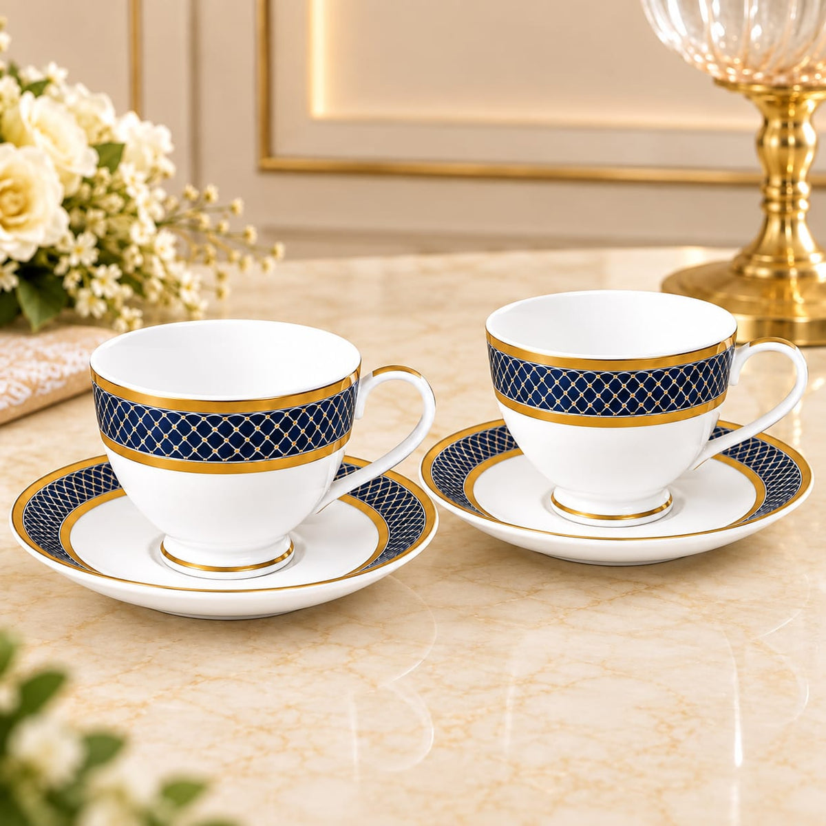 CP - Luxury Blue & Gold Designer Tea & Coffee Cup Saucer Set – 12 Pcs (6 Cups & 6 Saucers)