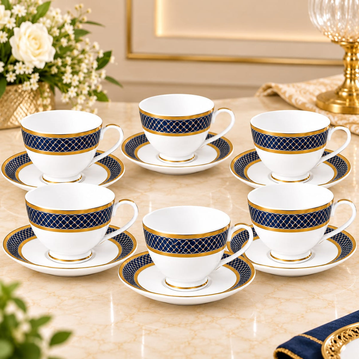 CP - Luxury Blue & Gold Designer Tea & Coffee Cup Saucer Set – 12 Pcs (6 Cups & 6 Saucers)