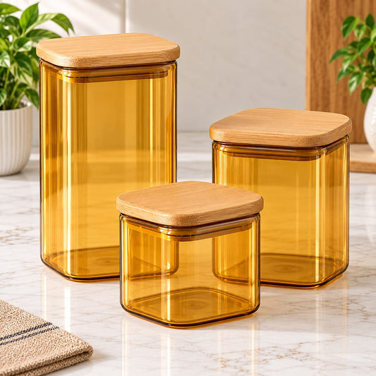 CP - Amber Glass Storage Jar Set with Bamboo Lids – 3 Pcs (500 ML, 770 ML & 1180 ML)