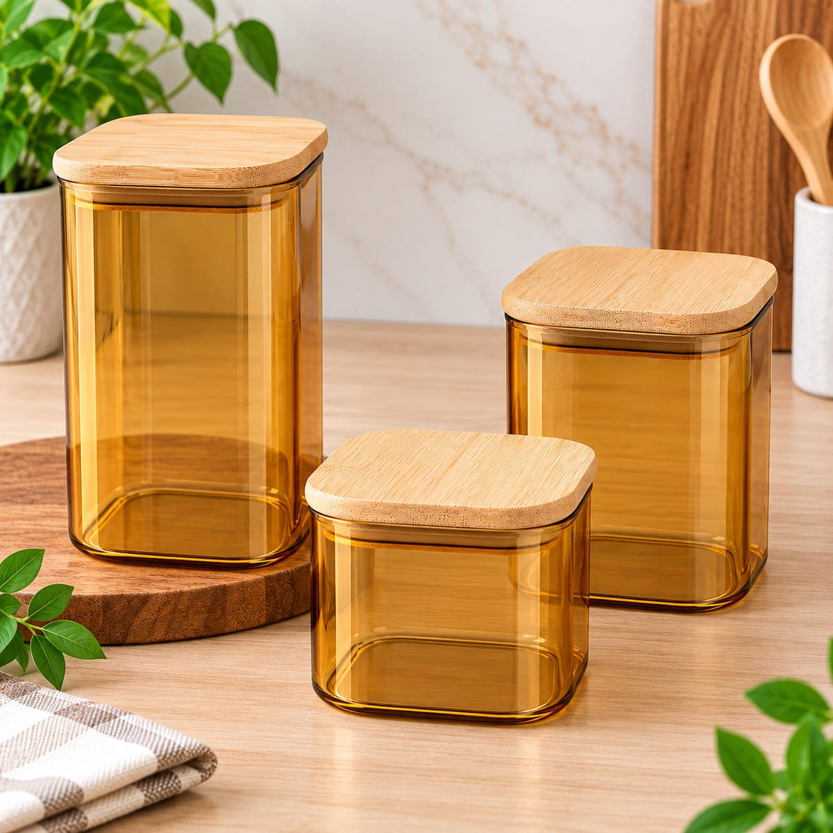 CP - Amber Glass Storage Jar Set with Bamboo Lids – 3 Pcs (500 ML, 770 ML & 1180 ML)