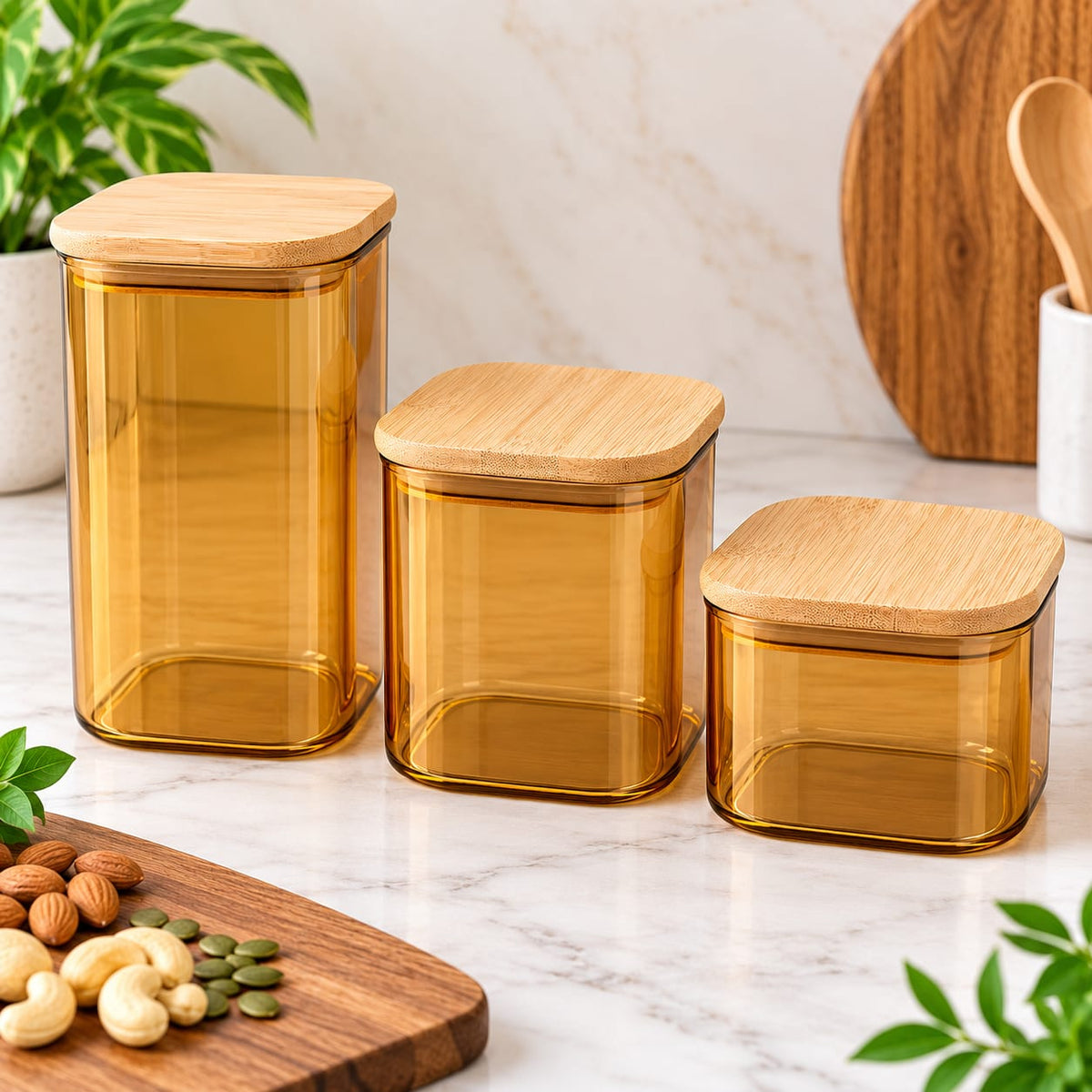 CP - Amber Glass Storage Jar Set with Bamboo Lids – 3 Pcs (500 ML, 770 ML & 1180 ML)