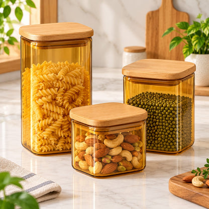 CP - Amber Glass Storage Jar Set with Bamboo Lids – 3 Pcs (500 ML, 770 ML & 1180 ML)