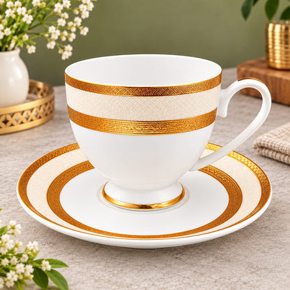 CP - Royal Gold & White Designer Tea & Coffee Cup Saucer Set – 12 Pcs (6 Cups & 6 Saucers)