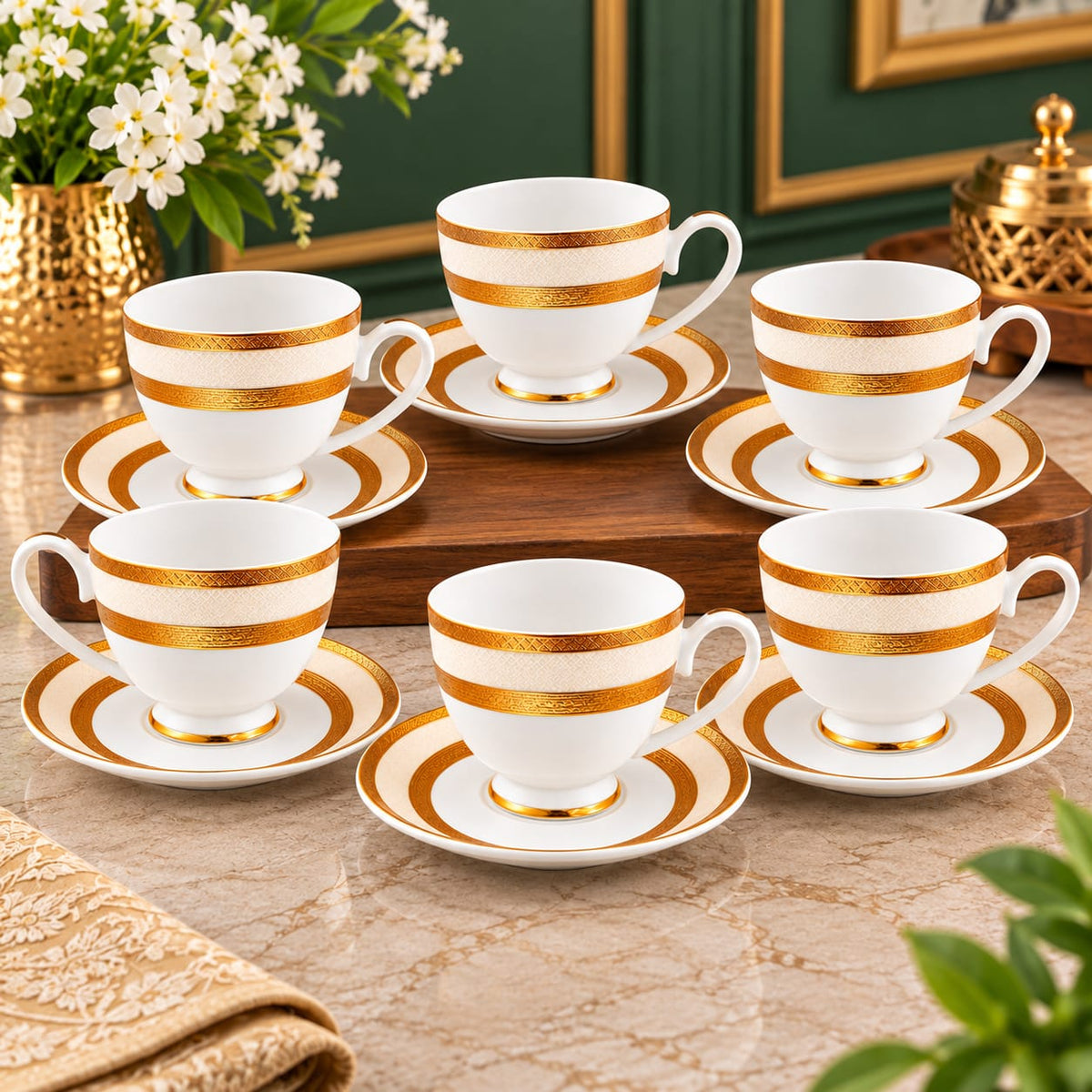 CP - Royal Gold & White Designer Tea & Coffee Cup Saucer Set – 12 Pcs (6 Cups & 6 Saucers)