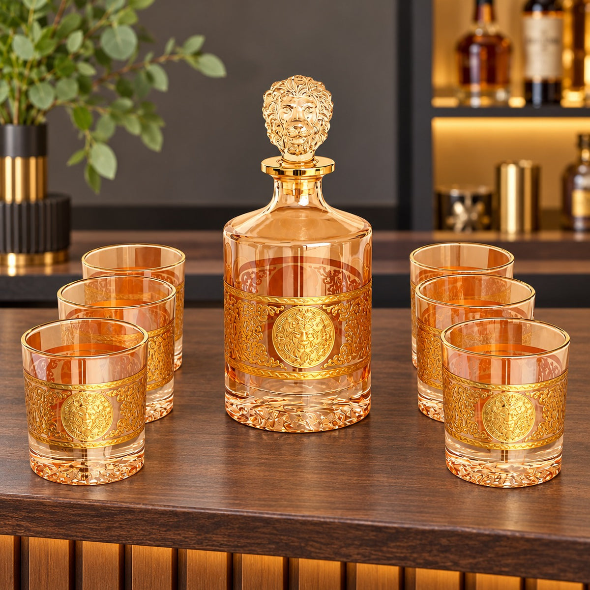 Royal Gold Embossed Glass Decanter & 6-Piece Glass Set