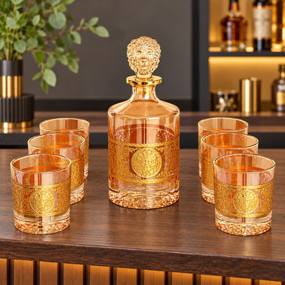 Royal Gold Embossed Glass Decanter & 6-Piece Glass Set