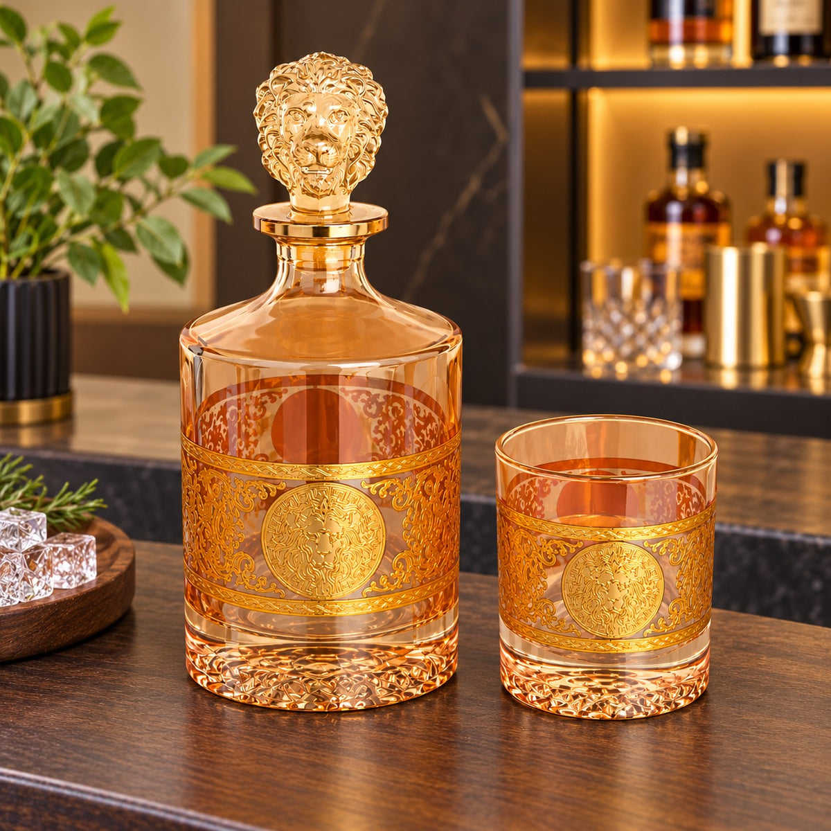 Royal Gold Embossed Glass Decanter & 6-Piece Glass Set