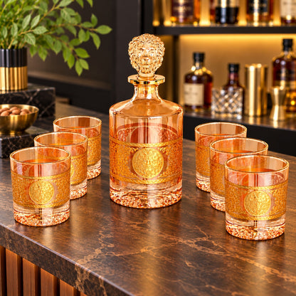 Royal Gold Embossed Glass Decanter & 6-Piece Glass Set