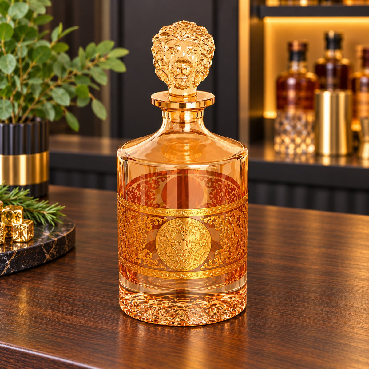 Royal Gold Embossed Glass Decanter & 6-Piece Glass Set