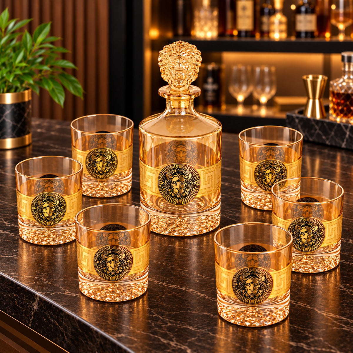 Luxury Lion Design Glass Decanter with 6-Piece Glass Set