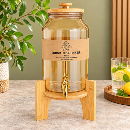 4 Litre Glass Drink Dispenser with Wooden Lid & Bamboo Stand