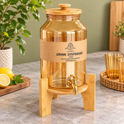 4 Litre Glass Drink Dispenser with Wooden Lid & Bamboo Stand
