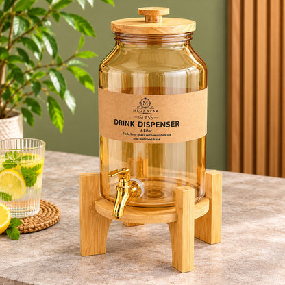 4 Litre Glass Drink Dispenser with Wooden Lid & Bamboo Stand