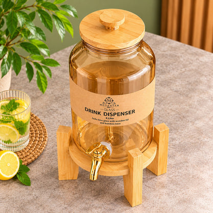 4 Litre Glass Drink Dispenser with Wooden Lid & Bamboo Stand