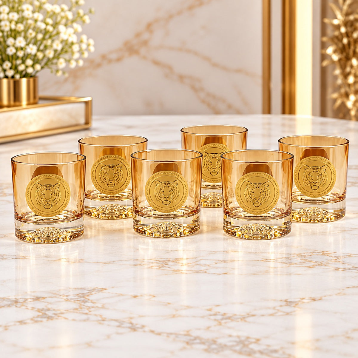 Luxury Amber Tiger Emblem Drinking Glass Set – 6 Pcs | Premium Golden Tumbler Set