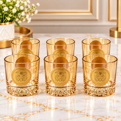 Luxury Amber Tiger Emblem Drinking Glass Set – 6 Pcs | Premium Golden Tumbler Set