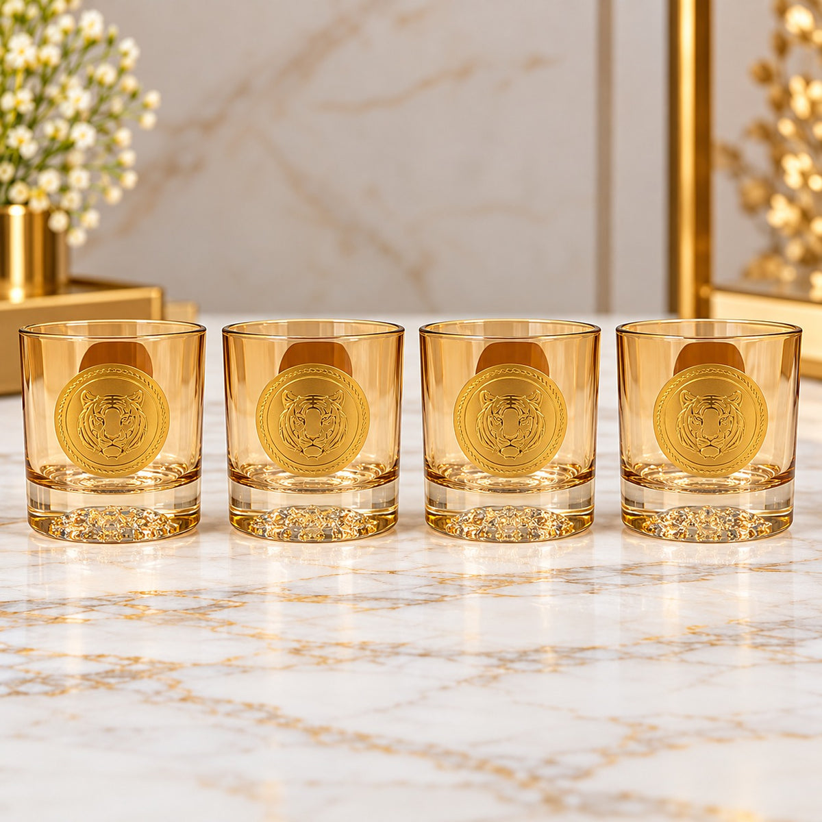 Luxury Amber Tiger Emblem Drinking Glass Set – 6 Pcs | Premium Golden Tumbler Set