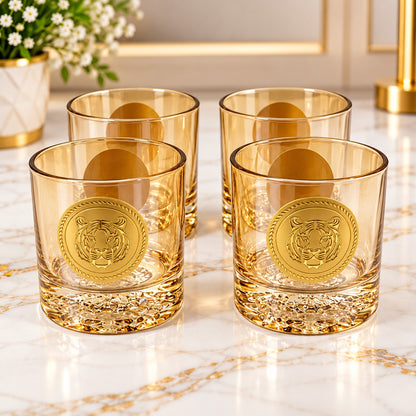 Luxury Amber Tiger Emblem Drinking Glass Set – 6 Pcs | Premium Golden Tumbler Set