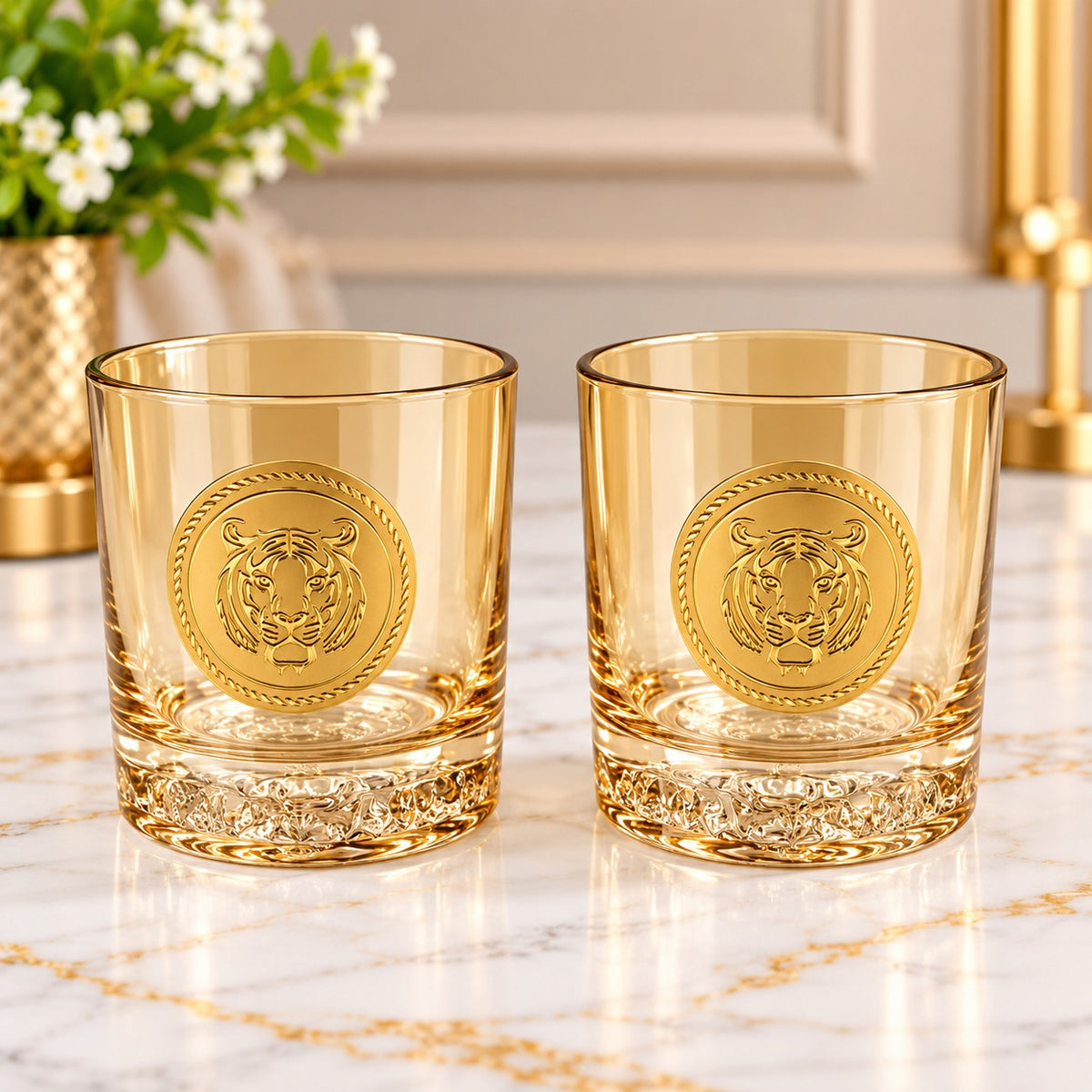 Luxury Amber Tiger Emblem Drinking Glass Set – 6 Pcs | Premium Golden Tumbler Set
