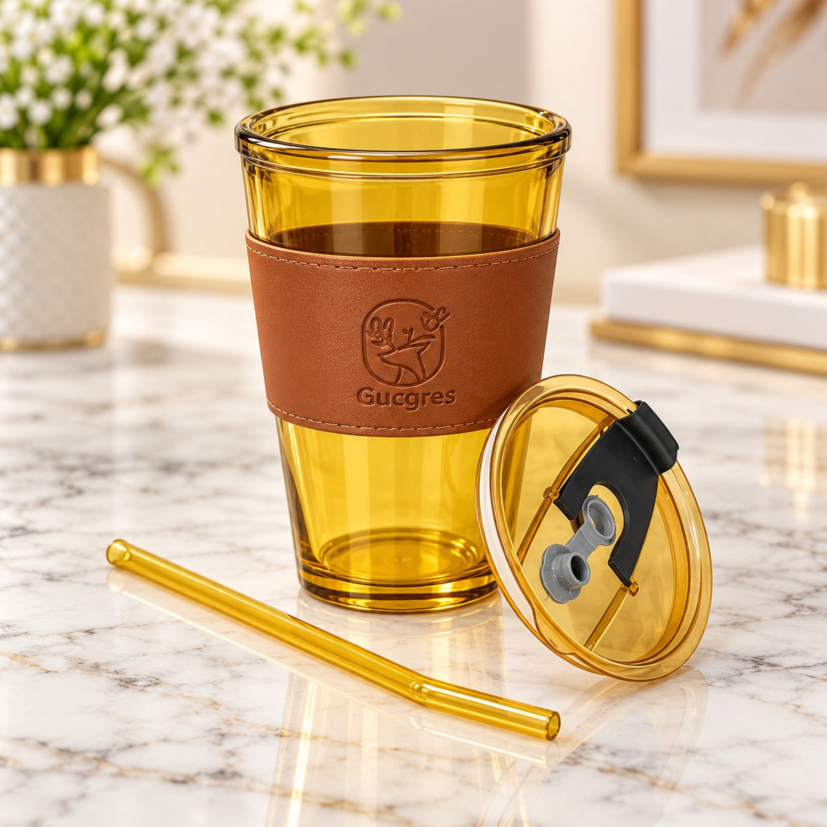 Amber Sipper Tumbler with Lid, Straw & Protective Sleeve – Stylish Reusable Drink Cup