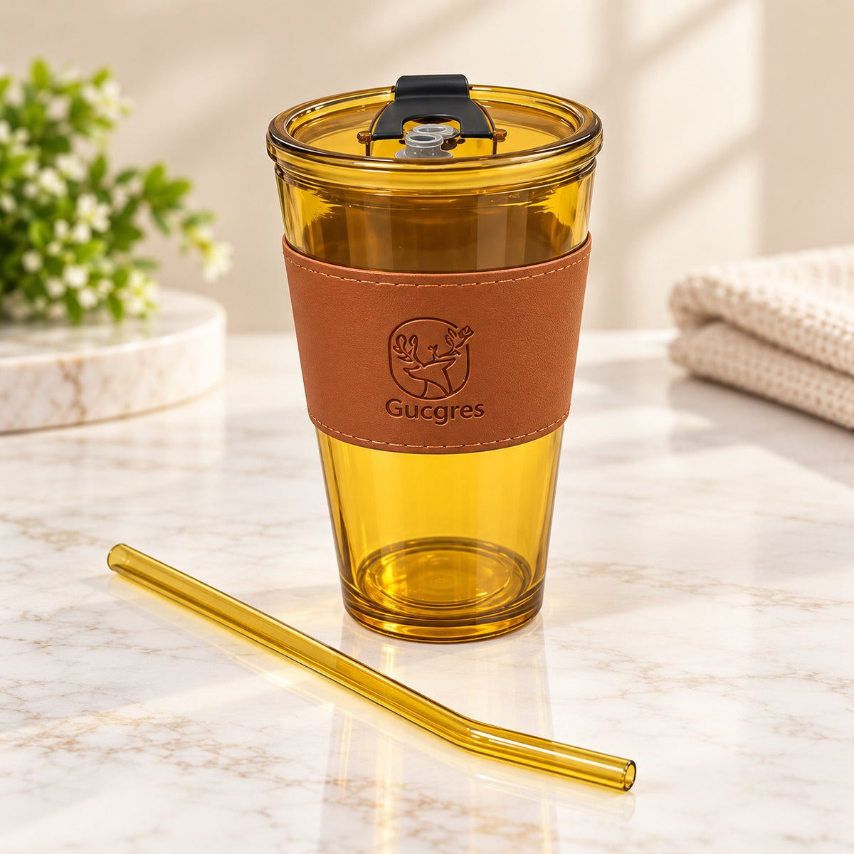 Amber Sipper Tumbler with Lid, Straw & Protective Sleeve – Stylish Reusable Drink Cup