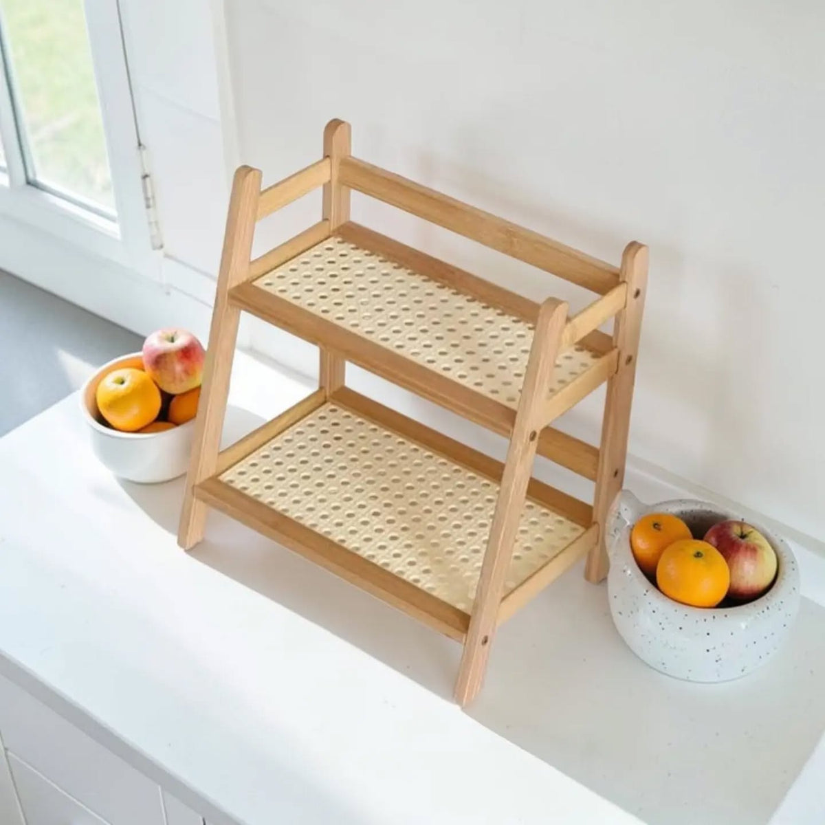 Premium 2-Tier Bamboo Kitchen Storage Rack | Wooden Countertop Organizer with Cane-Style Shelves | Multipurpose Storage Stand
