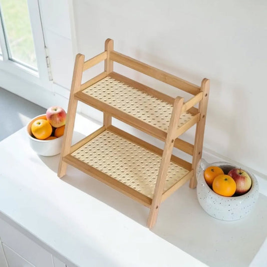 Premium 2-Tier Bamboo Kitchen Storage Rack | Wooden Countertop Organizer with Cane-Style Shelves | Multipurpose Storage Stand