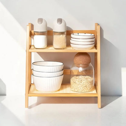 Premium 2-Tier Bamboo Kitchen Storage Rack | Wooden Countertop Organizer with Cane-Style Shelves | Multipurpose Storage Stand