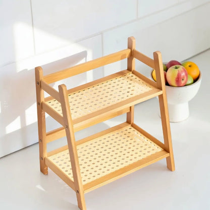 Premium 2-Tier Bamboo Kitchen Storage Rack | Wooden Countertop Organizer with Cane-Style Shelves | Multipurpose Storage Stand