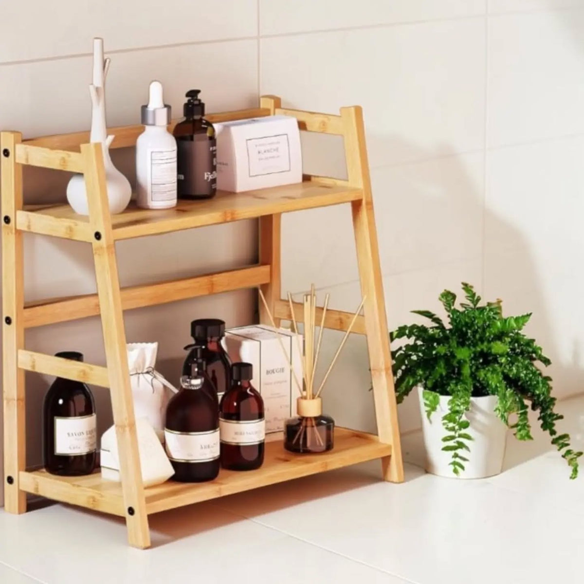 Premium 2-Tier Bamboo Kitchen Storage Rack | Wooden Countertop Organizer with Cane-Style Shelves | Multipurpose Storage Stand
