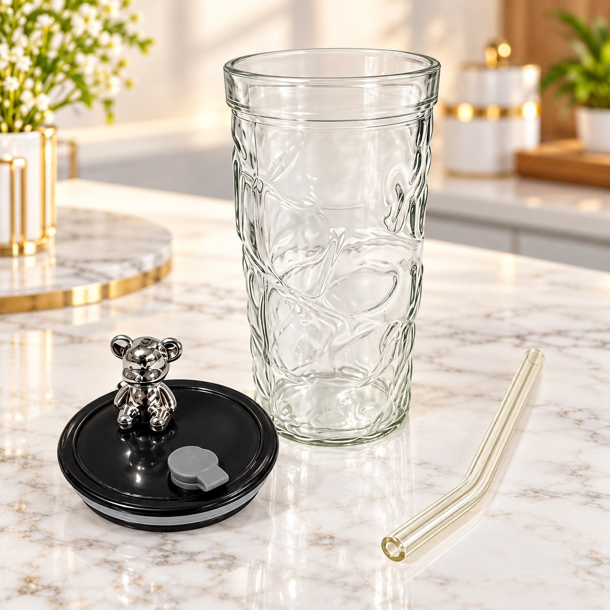 Cute Bear Design Sipper Tumbler with Lid & Reusable Straw – Transparent Travel Drink Cup