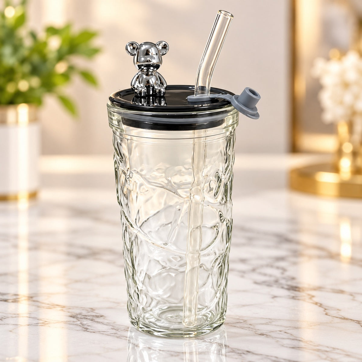 Cute Bear Design Sipper Tumbler with Lid & Reusable Straw – Transparent Travel Drink Cup