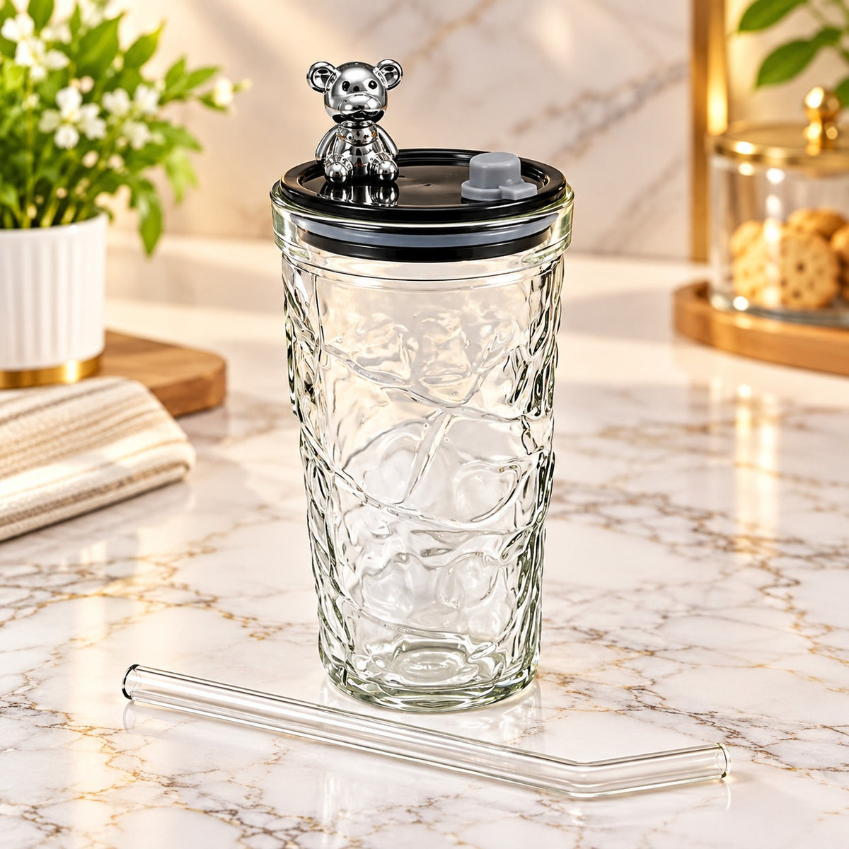 Cute Bear Design Sipper Tumbler with Lid & Reusable Straw – Transparent Travel Drink Cup