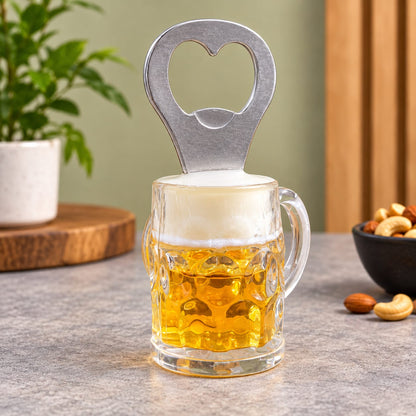 Premium Mini Beer Mug with Stainless Steel Bottle Opener – 1 Pc | Crystal-Clear Glass-Style Mug with Built-In Metal Opener