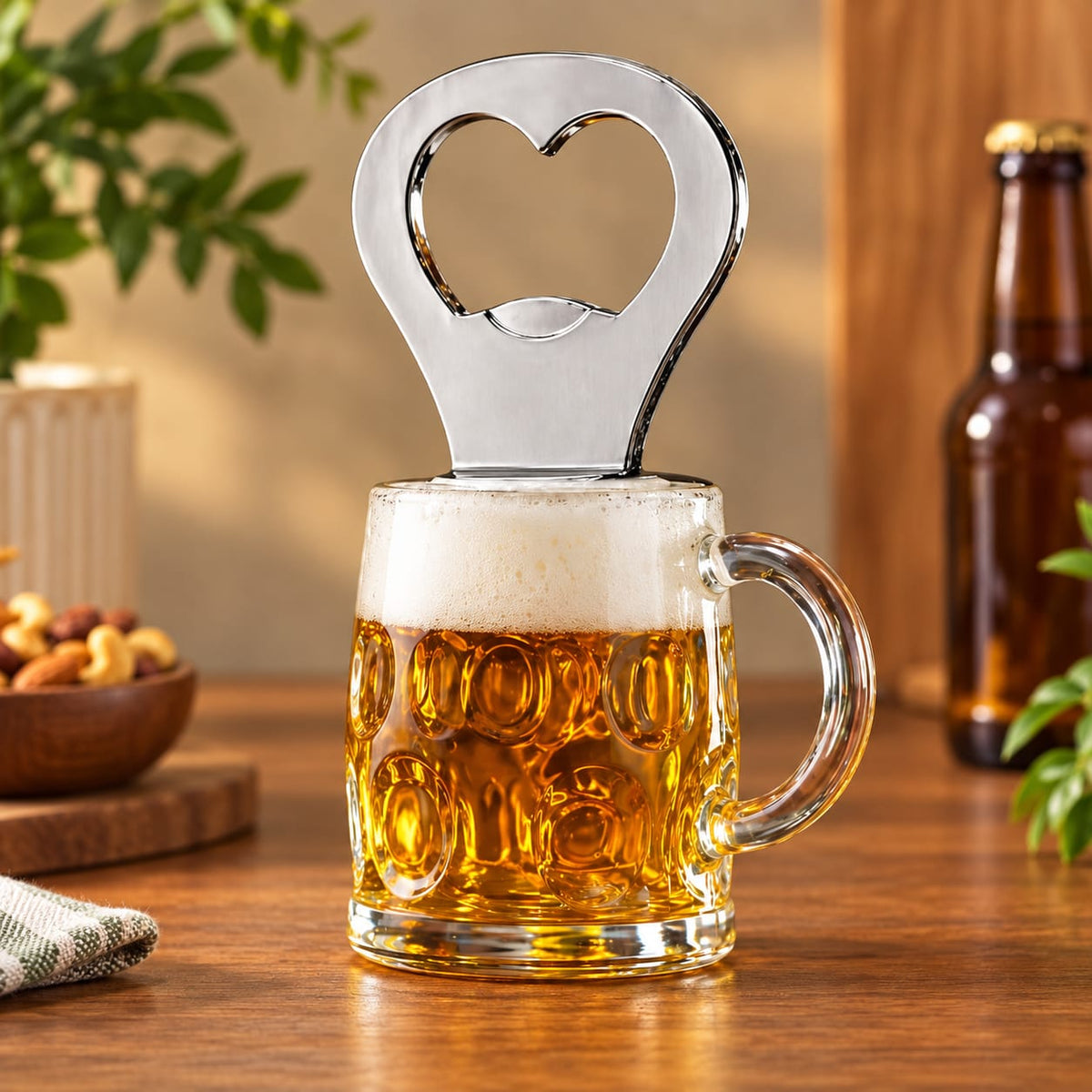 Premium Mini Beer Mug with Stainless Steel Bottle Opener – 1 Pc | Crystal-Clear Glass-Style Mug with Built-In Metal Opener