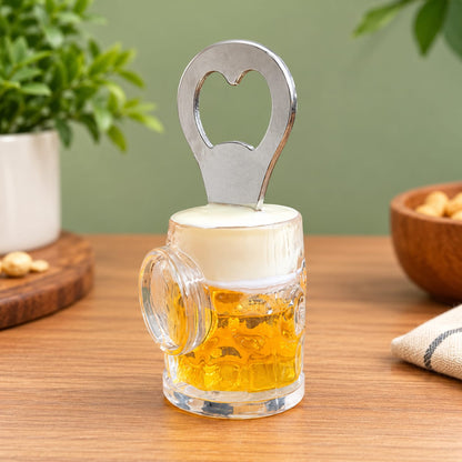 Premium Mini Beer Mug with Stainless Steel Bottle Opener – 1 Pc | Crystal-Clear Glass-Style Mug with Built-In Metal Opener