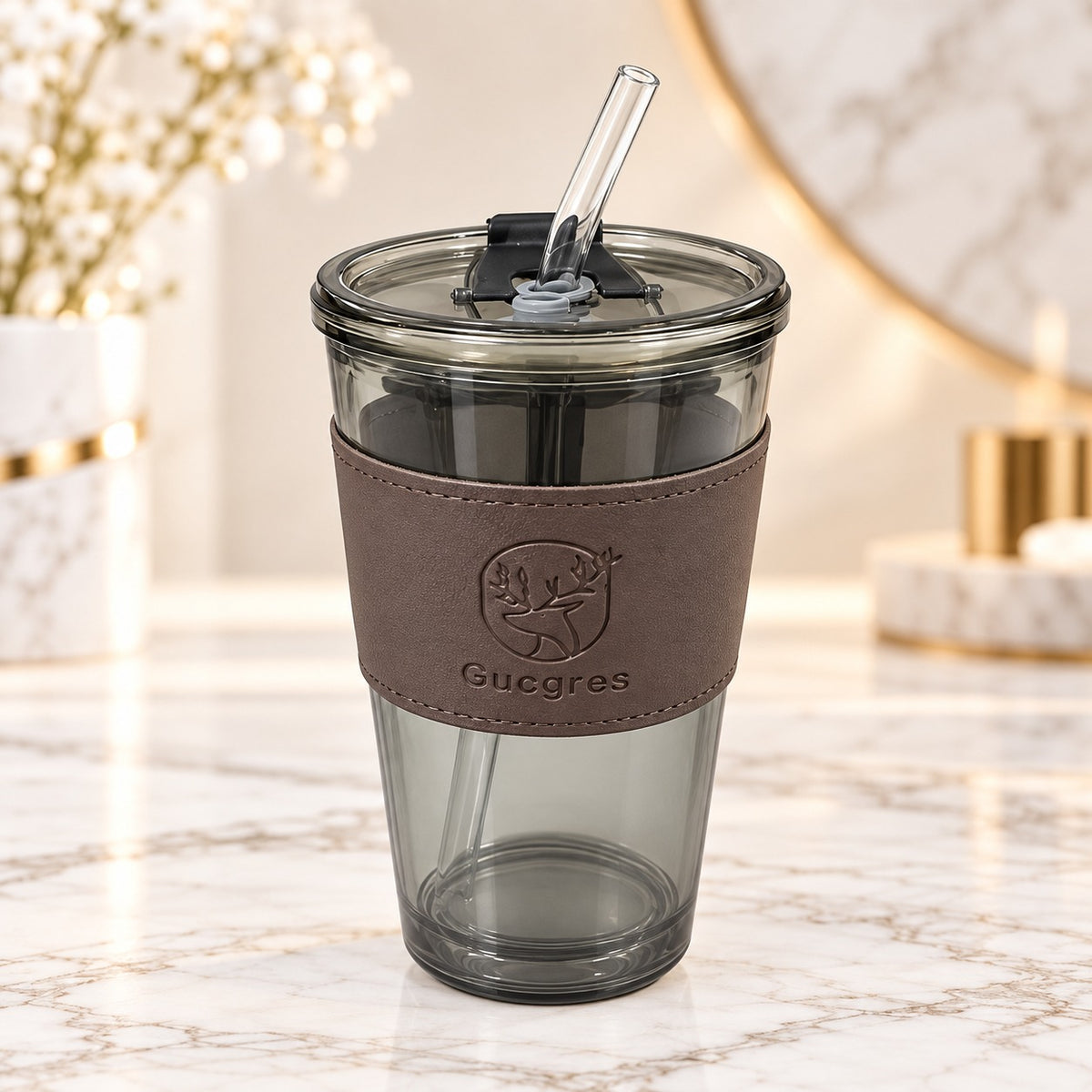 Smoky Black Sipper Tumbler with Lid, Reusable Straw & Protective Sleeve – Stylish Travel Drink Cup