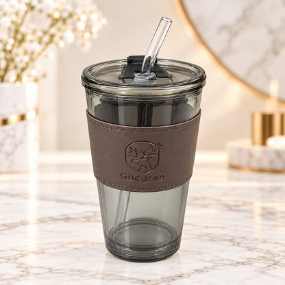 Smoky Black Sipper Tumbler with Lid, Reusable Straw & Protective Sleeve – Stylish Travel Drink Cup