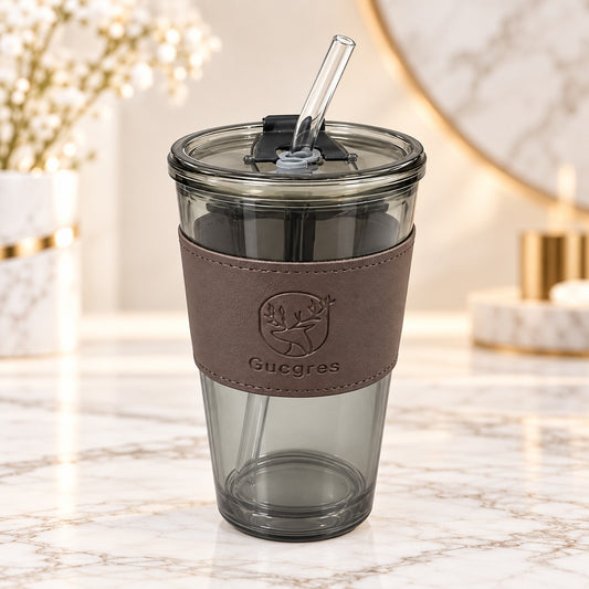 Smoky Black Sipper Tumbler with Lid, Reusable Straw & Protective Sleeve – Stylish Travel Drink Cup