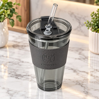 Smoky Black Sipper Tumbler with Lid, Reusable Straw & Protective Sleeve – Stylish Travel Drink Cup